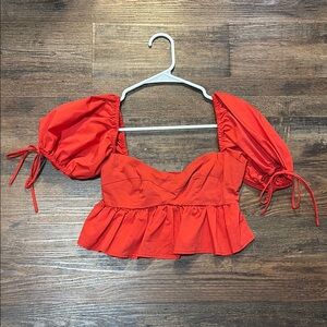 Olivaceous Red Crop Blouse with Puffed Sleeves